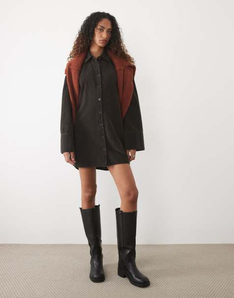 ASOS DESIGN Tall Oversize-Cordhemd-Minikleid in verwaschenem Schwarz - view 1