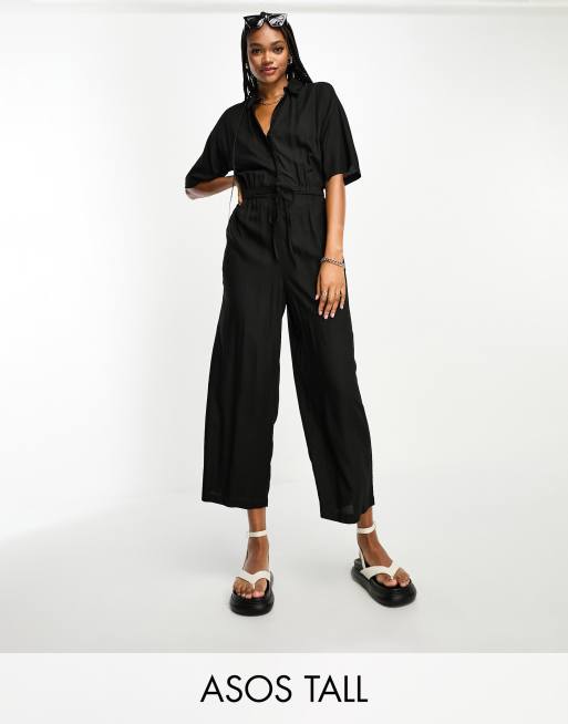 ASOS DESIGN Tall Oversize Jumpsuit in Schwarz mit Oberteil in Hemd Optik und Bindegurtel