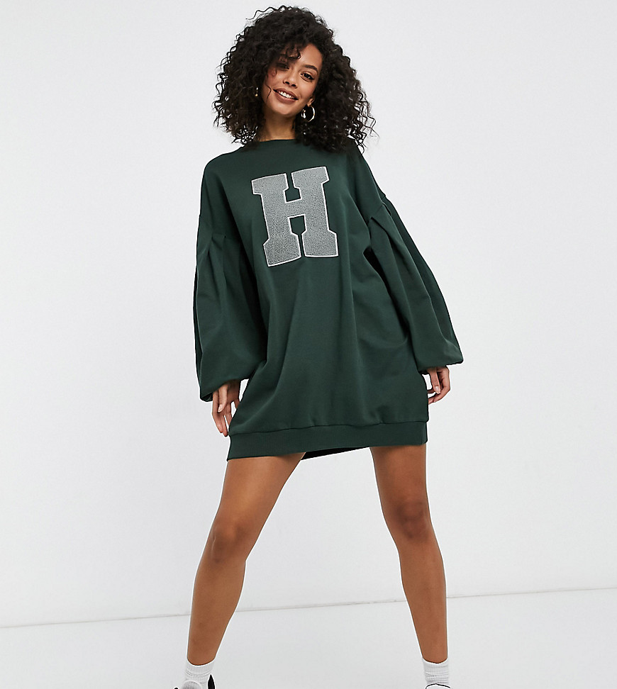 ASOS DESIGN Tall oversized balloon sleeve sweat mini dress with letter graphic in forest green