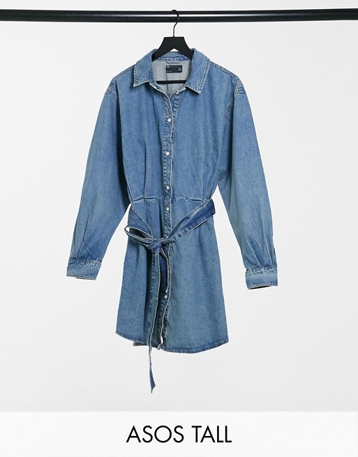 ASOS DESIGN Tall oversized belted shirt dress in midwash blue