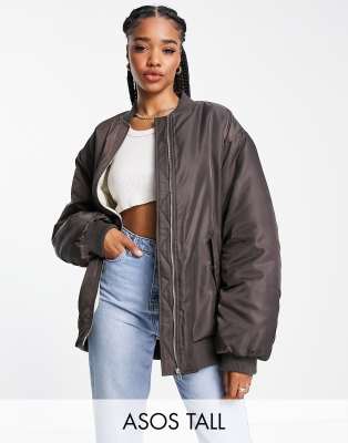 ASOS DESIGN Tall oversized bomber jacket in brown | ASOS