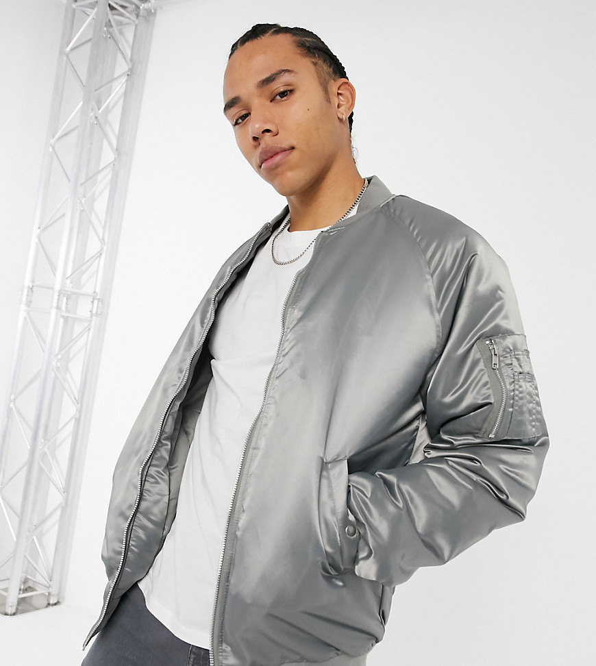 ASOS DESIGN Tall oversized bomber jacket with MA1 pocket in high shine gray-Grey