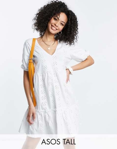 ASOS DESIGN Tall oversized broderie v neck smock dress with puff sleeve in white - view 1