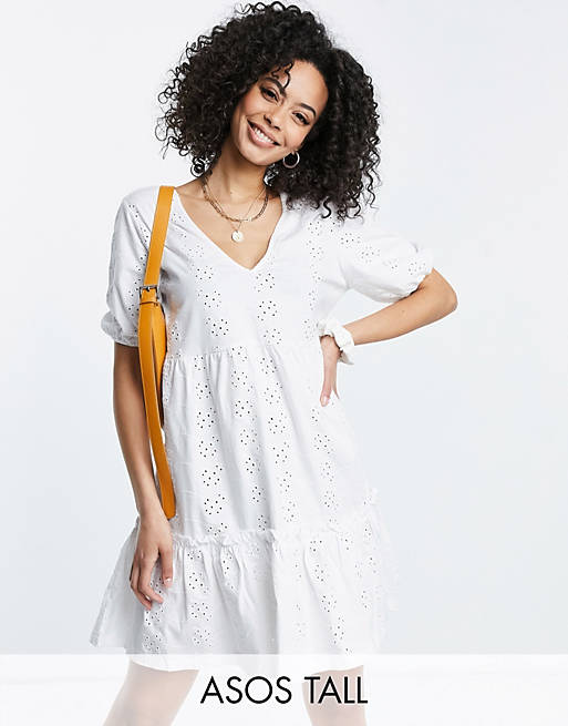 ASOS DESIGN Tall oversized broderie v neck smock dress with puff sleeve in white