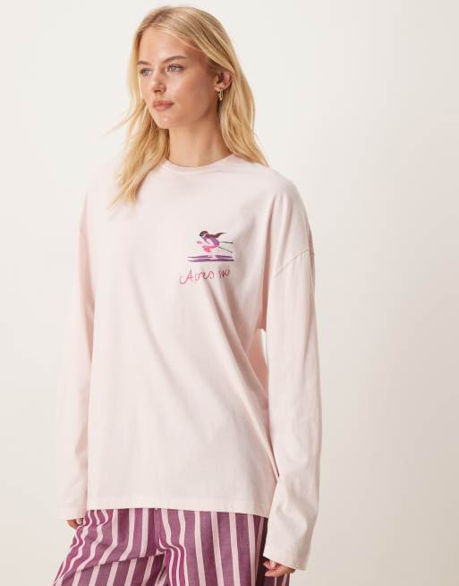 ASOS DESIGN Tall oversized cocktail long sleeve tee & woven wide leg pants pyjama set in pink, 4 of 4