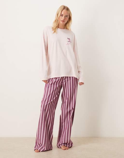 ASOS DESIGN Tall oversized cocktail long sleeve tee & woven wide leg trouser pyjama set in pink, 2 of 4