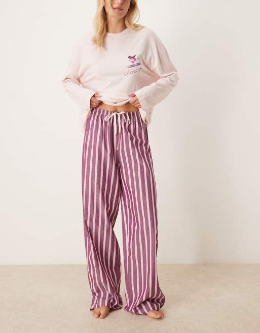 ASOS DESIGN Tall oversized cocktail long sleeve tee & woven wide leg trouser pyjama set in pink, 3 of 4