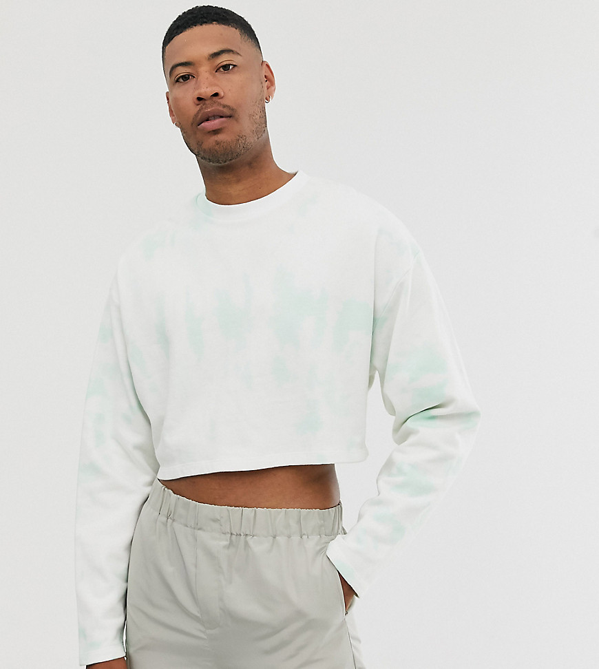 ASOS DESIGN Tall - Oversized cropped sweatshirt in acid wash in wit en groen-Zwart
