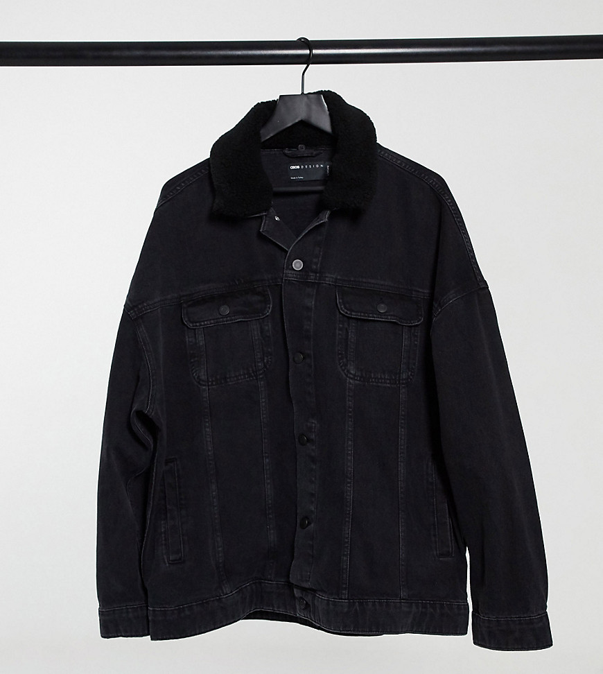 ASOS DESIGN Tall oversized denim jacket with detachable borg collar in washed black