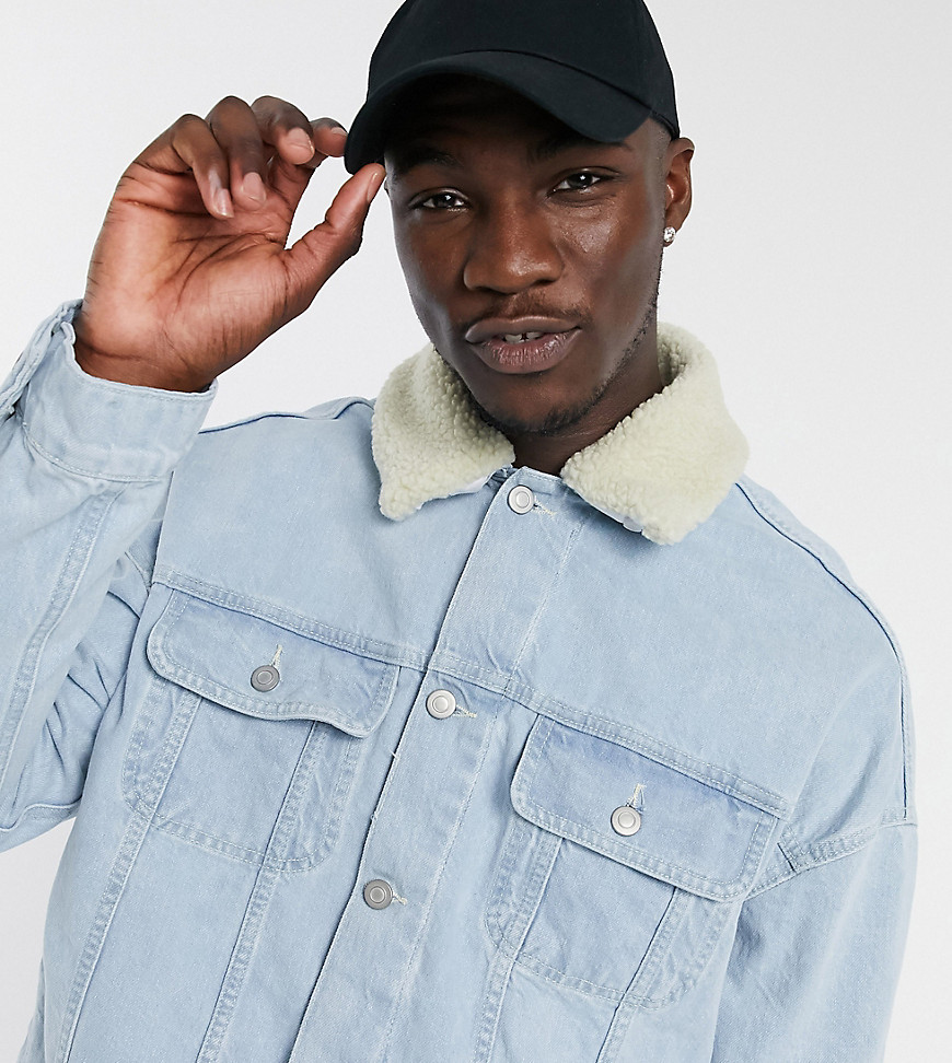 ASOS DESIGN Tall oversized denim jacket with detachable sherpa collar in light wash blue