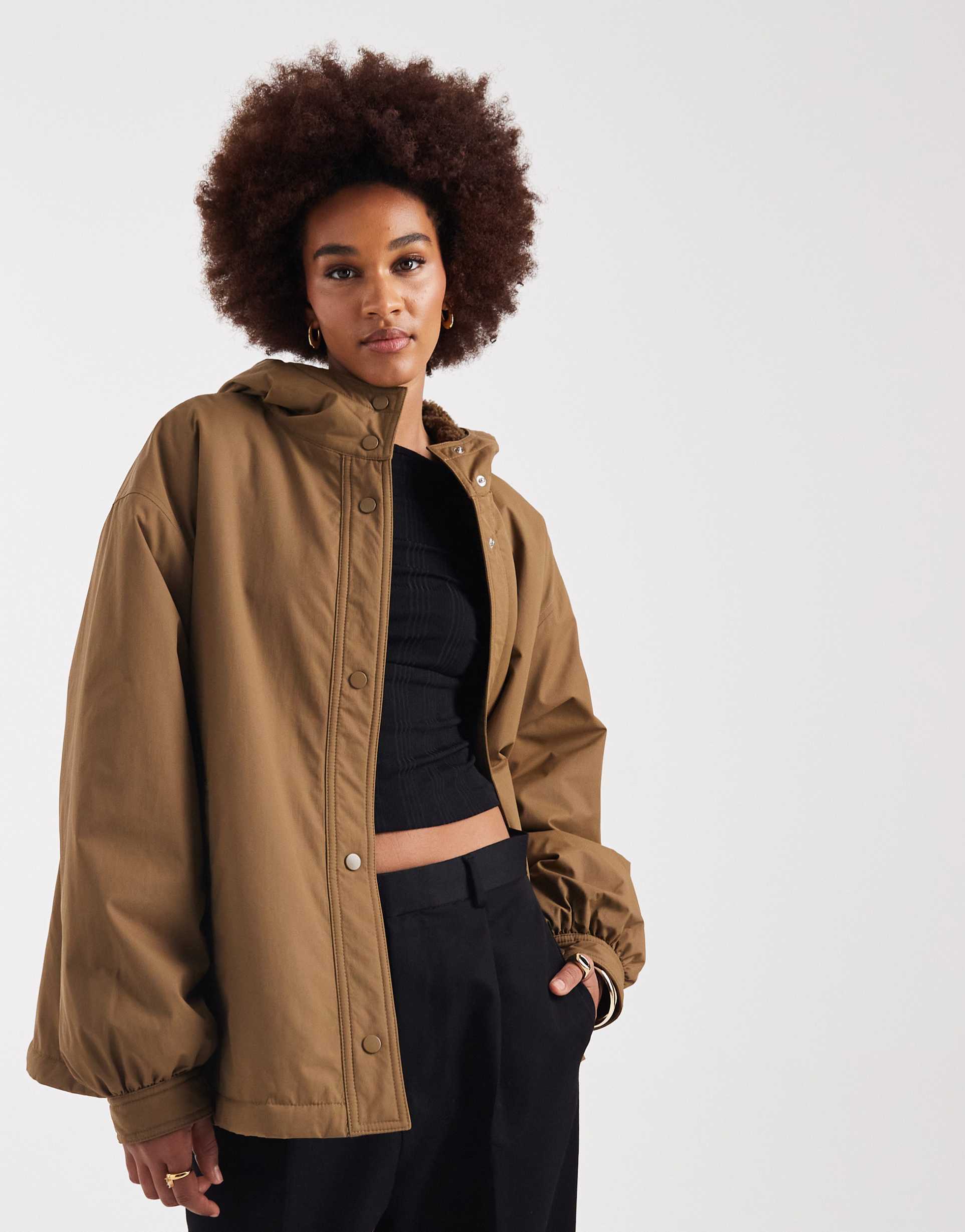 asos design tall oversized fleece lined rain coat in olive
