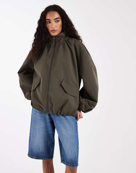ASOS DESIGN Tall oversized funnel neck bubble hem bomber in khaki