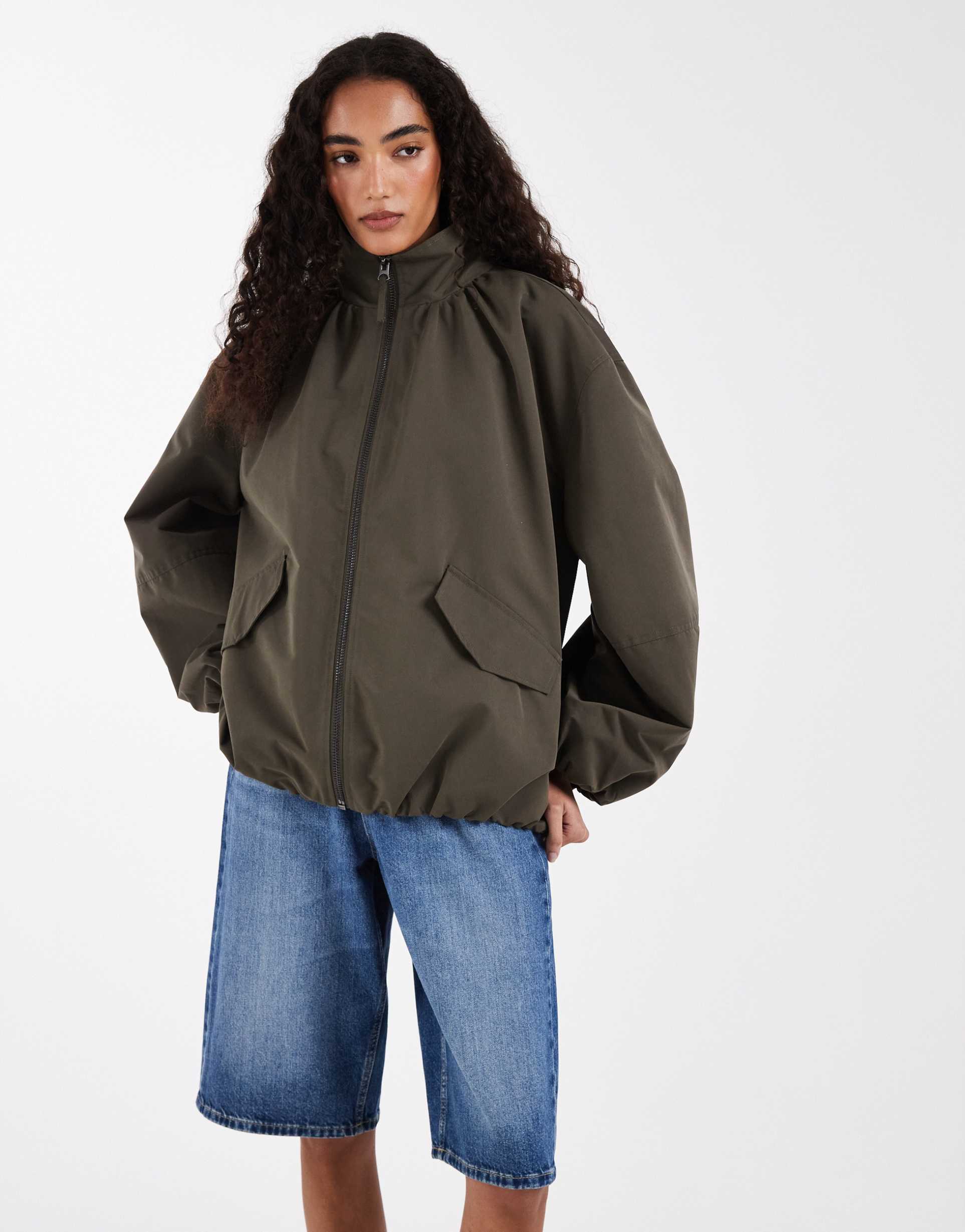 asos design tall oversized funnel neck bubble hem bomber jacket in khaki green