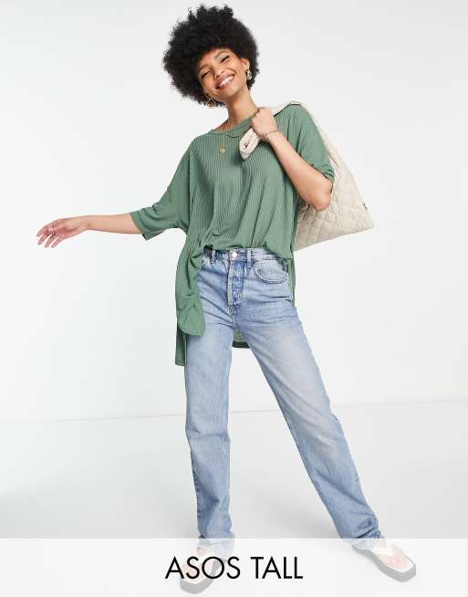 ASOS DESIGN Tall - Oversized geribbelde top met zijsplitten in khaki