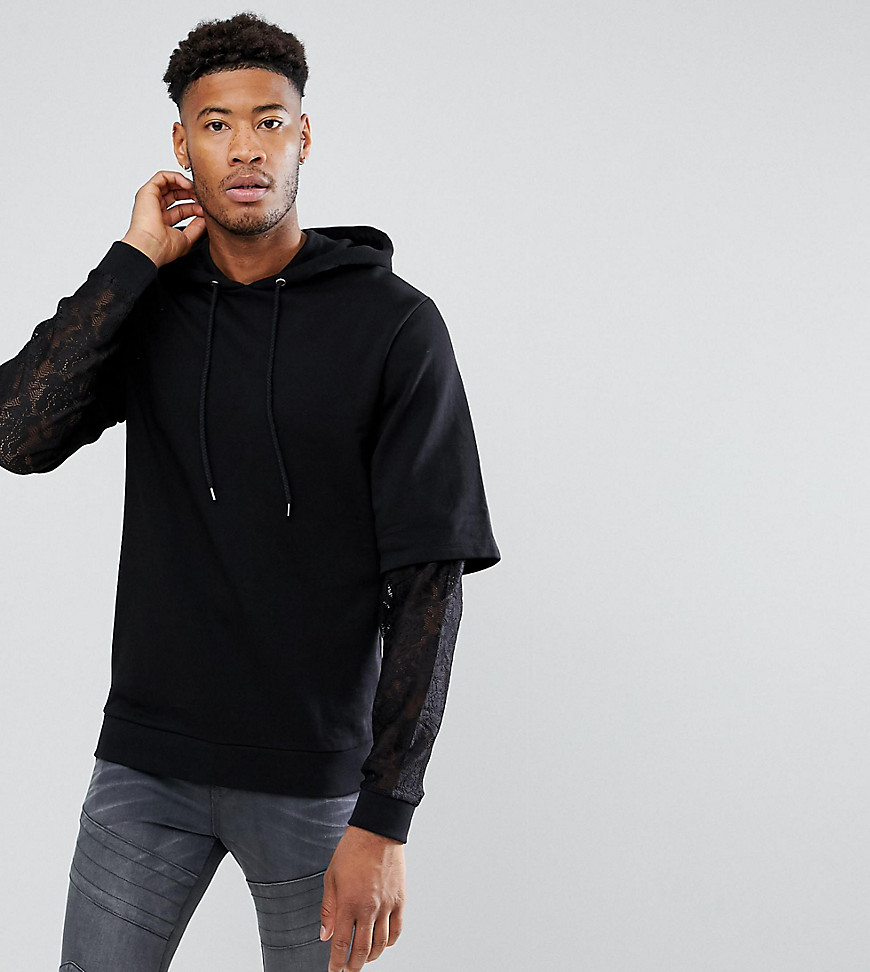 ASOS DESIGN - Tall - Oversized hoodie met kanten mouwen met dubbele laag-Zwart