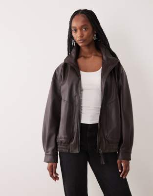 ASOS DESIGN Tall oversized leather look funnel bomber jacket in chocolate