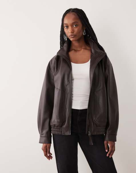 ASOS DESIGN Tall oversized leather look funnel bomber jacket in chocolate