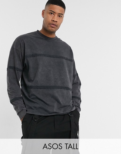 ASOS DESIGN Tall oversized long sleeve t-shirt with seam details in black acid wash