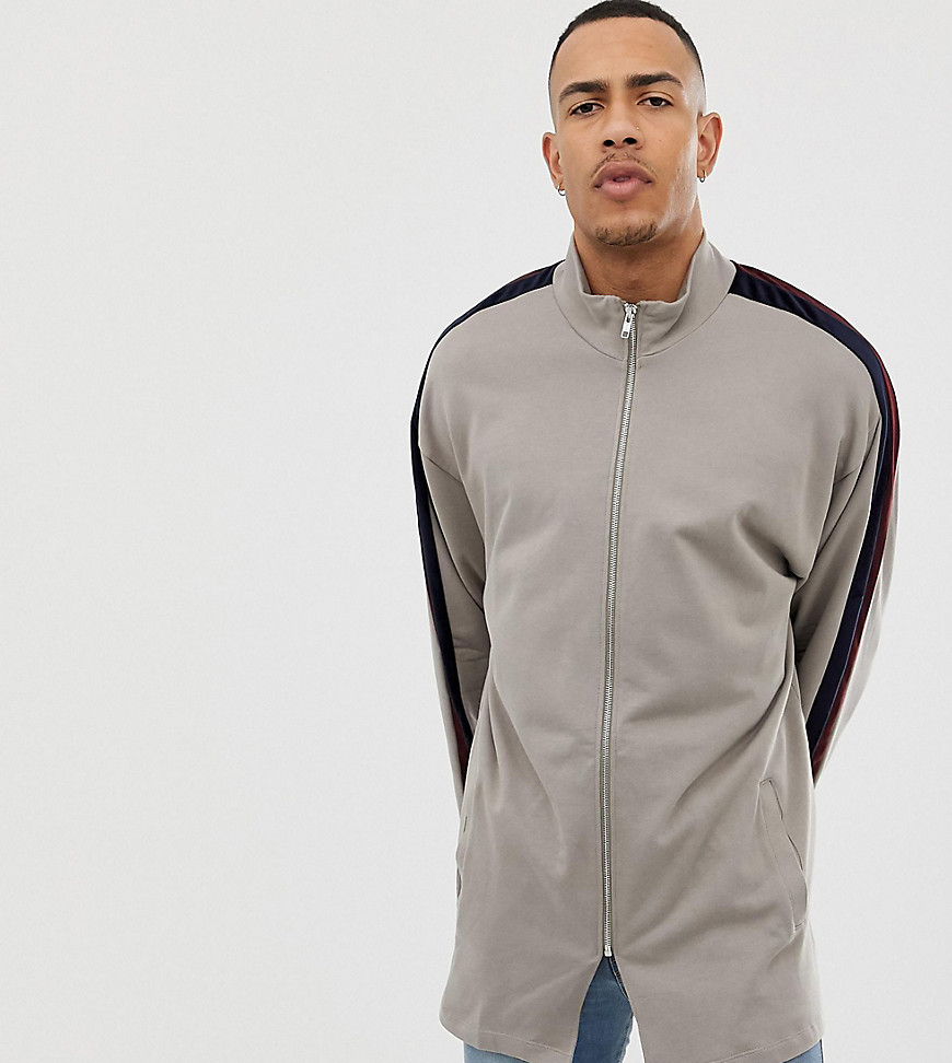 ASOS DESIGN Tall oversized longline jersey track jacket With Velour Stripe-Beige
