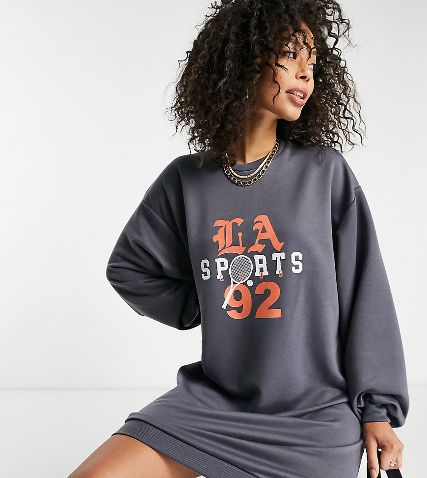 ASOS DESIGN Tall oversized mini sweatshirt dress with orange la sports logo in dark gray-Grey