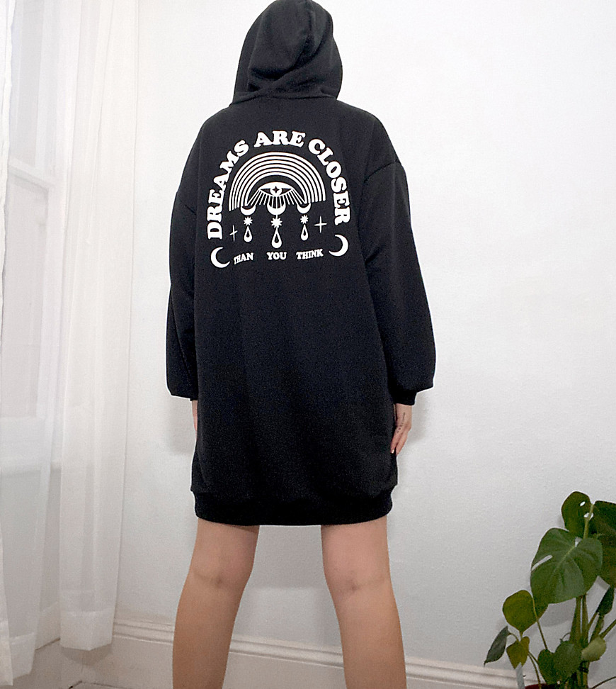 ASOS DESIGN Tall oversized mini sweatshirt hoodie dress in black with 'Dreams' slogan