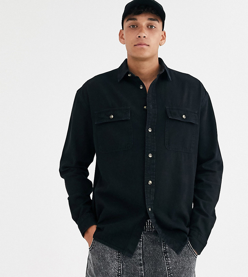 ASOS DESIGN TALL OVERSIZED ORGANIC DENIM SHIRT WITH DOUBLE POCKETS IN BLACK,LS DIANA TALL