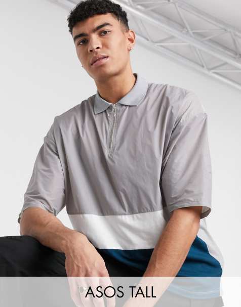 ASOS DESIGN Tall oversized polo shirt with zip neck and grey woven colour block - view 1