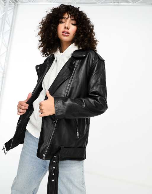 ASOS DESIGN Tall oversized premium real leather biker jacket in black