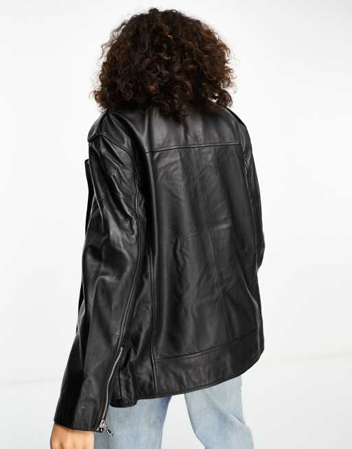 ASOS DESIGN Tall oversized premium real leather biker jacket in black