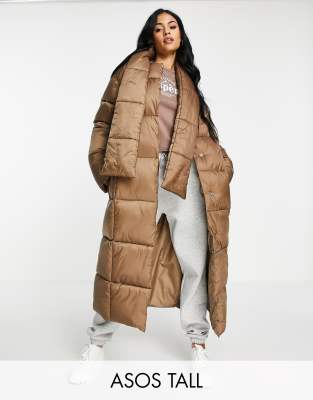 ASOS DESIGN Tall oversized puffer jacket with scarf in dark camel