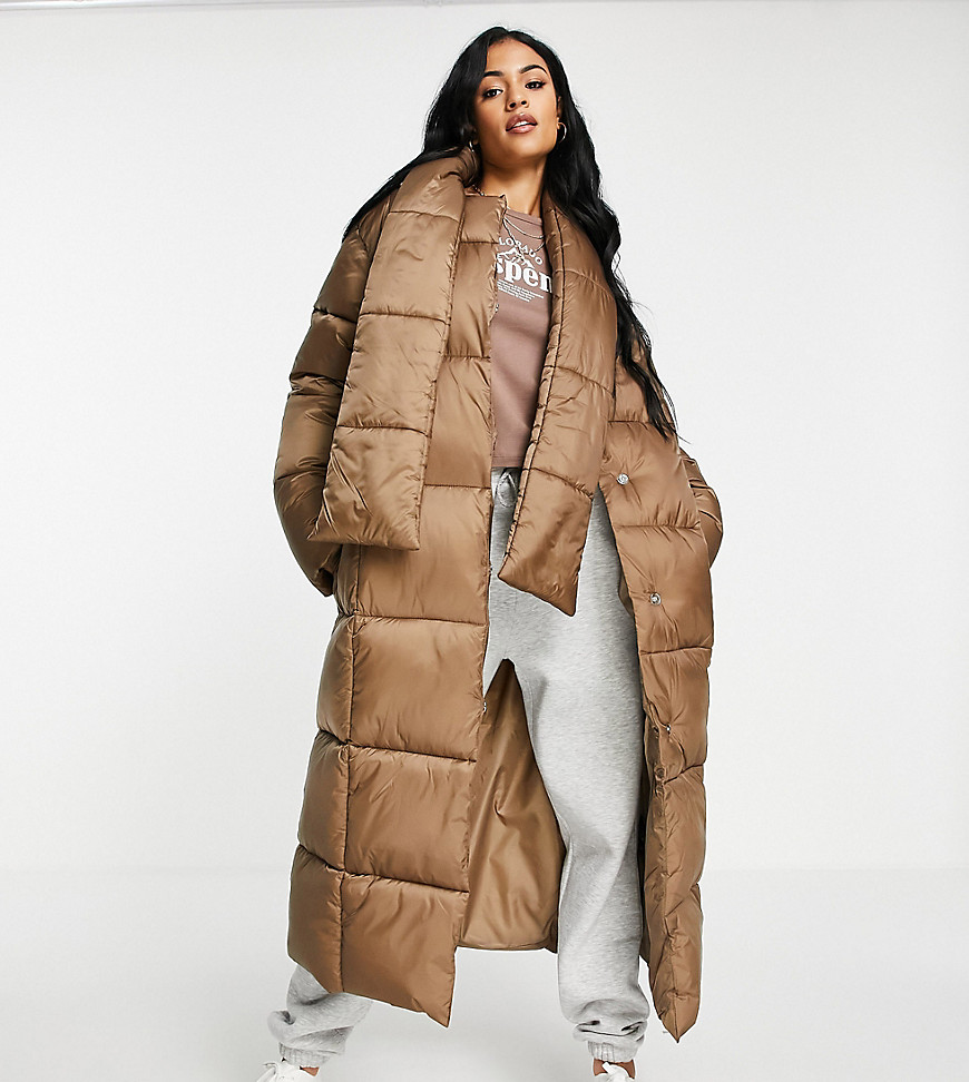 ASOS DESIGN Tall oversized puffer jacket with scarf in dark camel-Neutral
