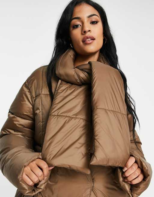 ASOS DESIGN Tall oversized puffer jacket with scarf in dark camel