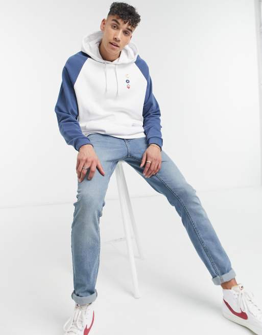 Blue store white hoodie