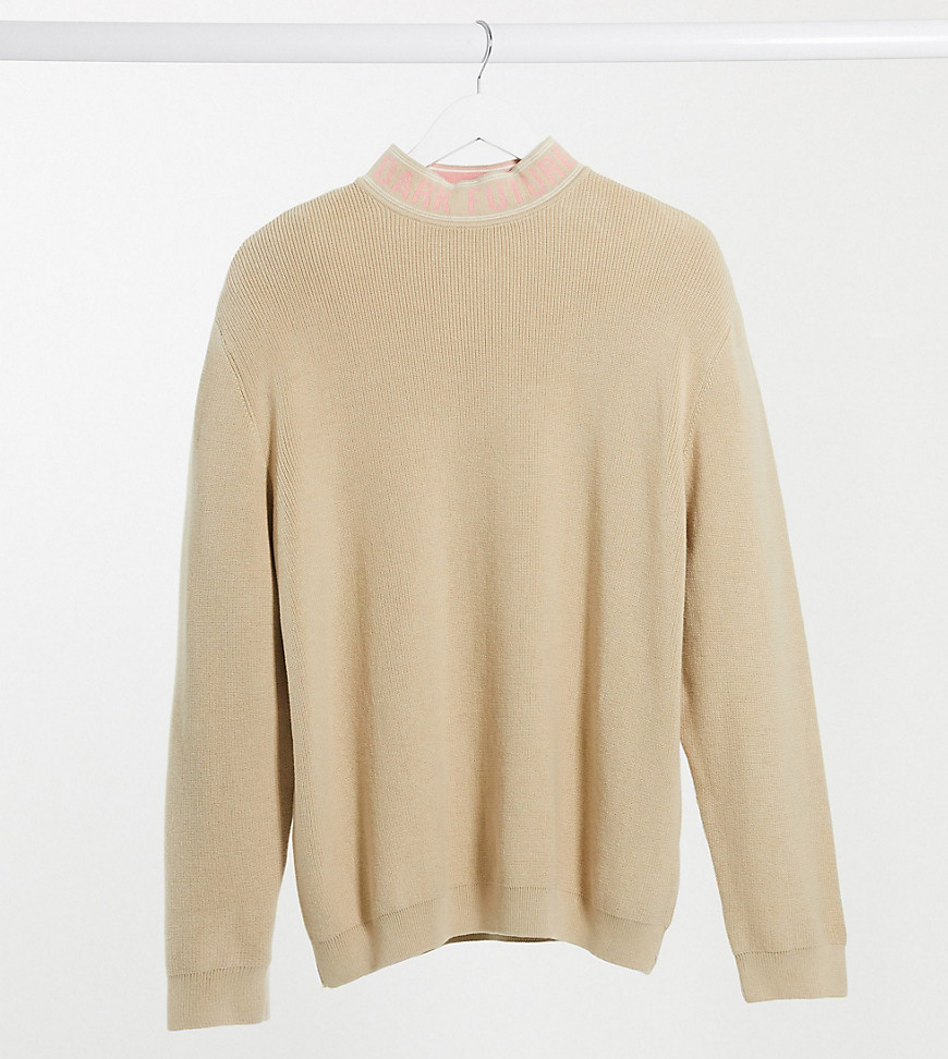 ASOS DESIGN Tall oversized rib sweater with text neck trim-Neutral