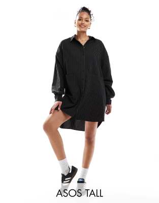 ASOS DESIGN Tall oversized shirt dress with dropped pockets in black pinstripe-Multi