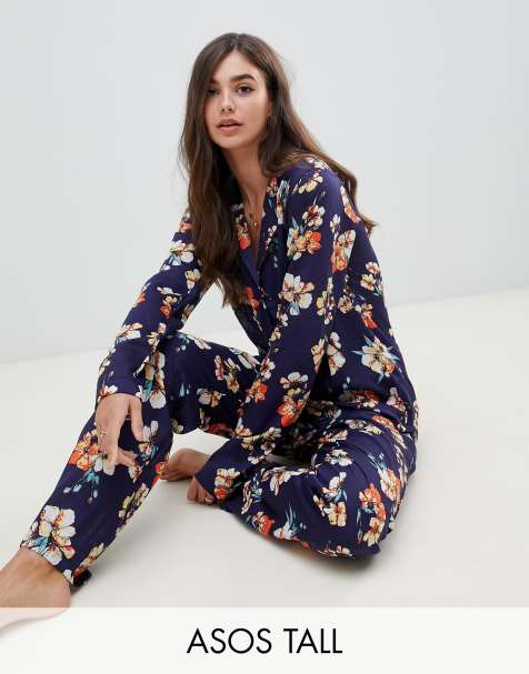 ASOS DESIGN Tall oversized sketched floral print traditional 100% Modal trouser set