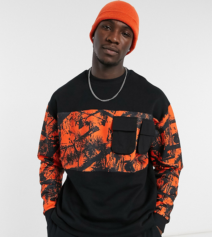 ASOS DESIGN Tall - Oversized sweatshirt med orange paneler i omvendt fleece med grafik og nylonlommer - Del af sæt-Sort