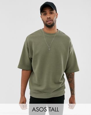 ASOS DESIGN Tall - Oversized sweatshirt met korte mouwen van geribbelde stof in kaki-Groen