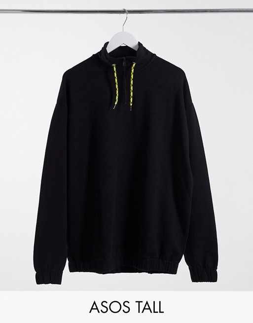 ASOS DESIGN Tall oversized sweatshirt with funnel neck in black with contrast drawcords