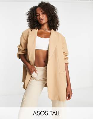 Asos Tall Asos Design Tall Oversized Swing Grandad Blazer In Beige-neutral