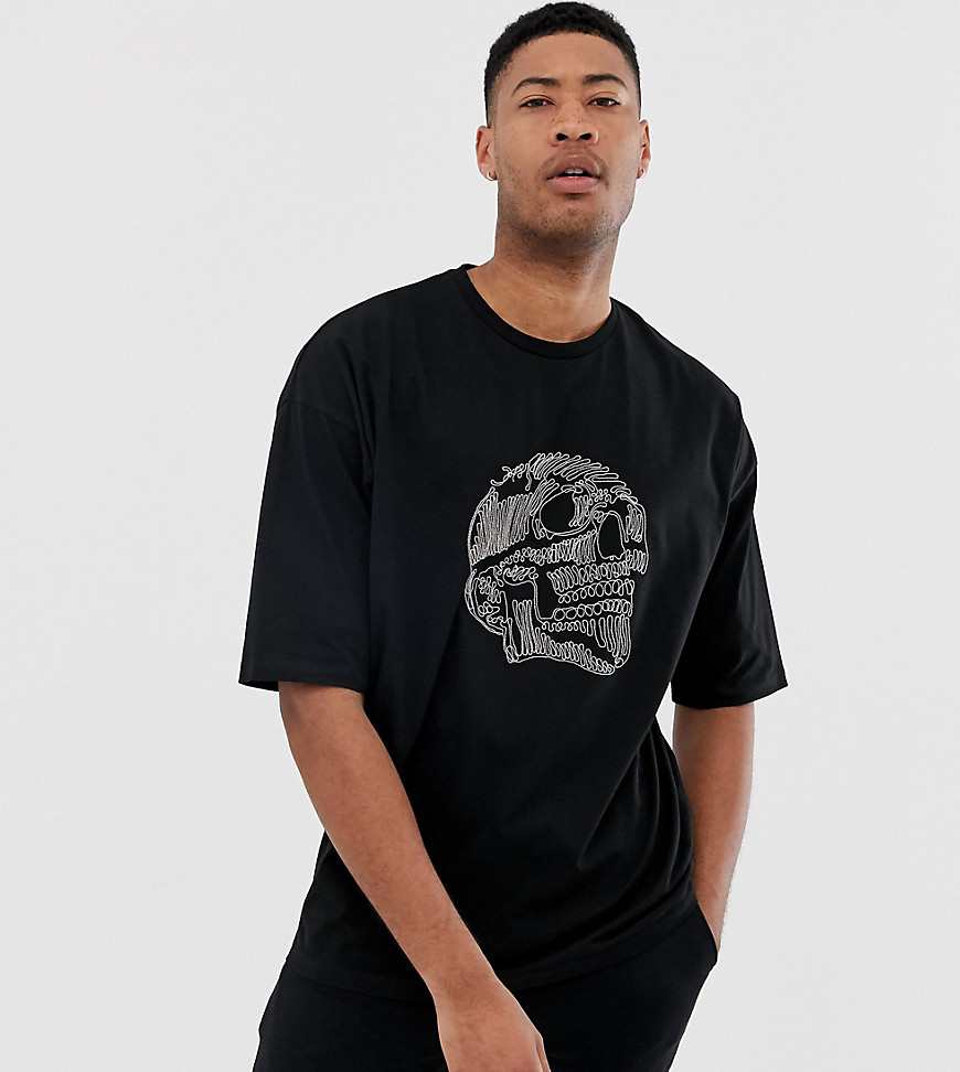 ASOS DESIGN - Tall - Oversized T-shirt met groot metallic doodshoofd in kralen-Zwart