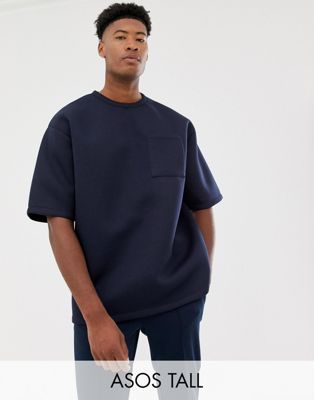 ASOS Design - Tall - Oversized T-shirt met halve mouw van scuba-stof met borstzak in marineblauw