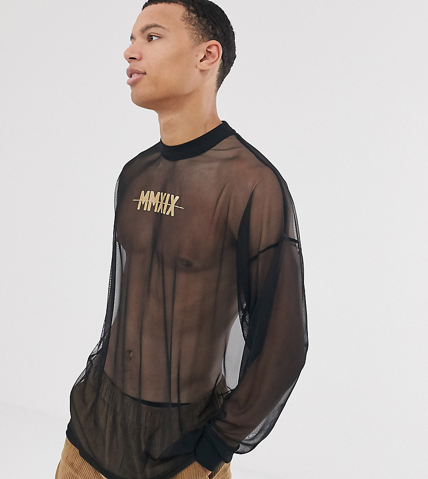 ASOS DESIGN Tall - Oversized T-shirt met lange mouwen en goudkleurige print van Romeins nummer in mesh-Zwart