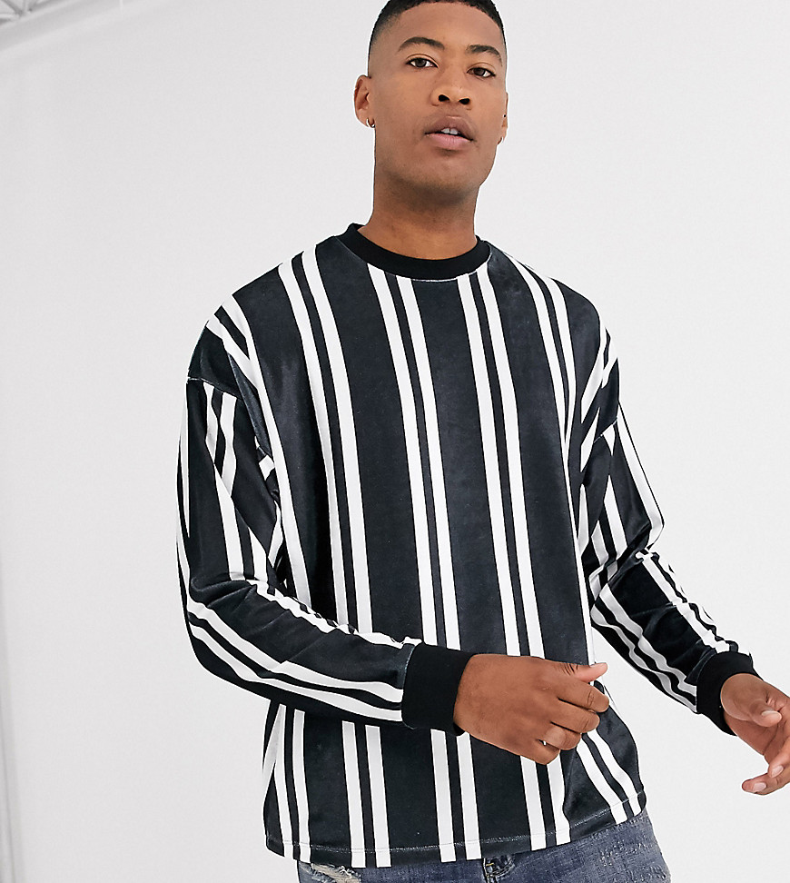 ASOS DESIGN Tall - Oversized T-shirt met lange mouwen en verticale strepen van velour-Zwart