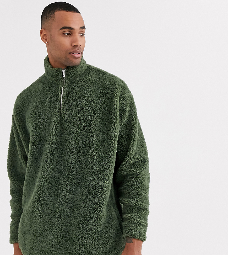 ASOS DESIGN Tall oversized teddy borg half zip sweatshirt in khaki-Green