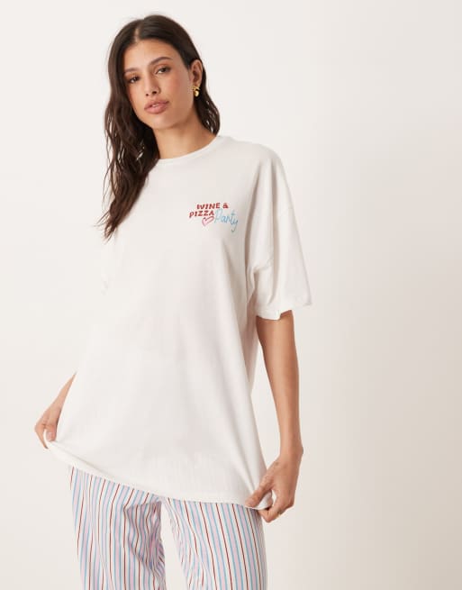 ASOS DESIGN Tall oversized tee and wide leg jersey trouser pyjama set in pizza & wine graphic