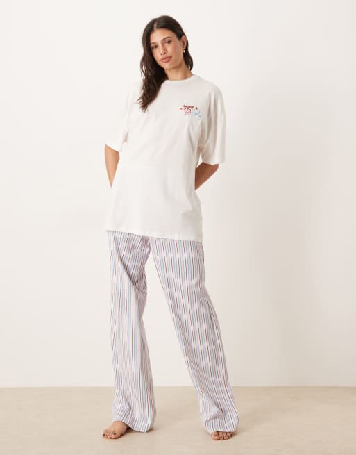 ASOS DESIGN Tall oversized tee and wide leg jersey trouser pyjama set in pizza & wine graphic