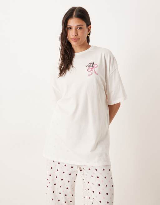 ASOS DESIGN Tall oversized tee and wide leg pants pyjama set in girls night graphic, 2 of 4