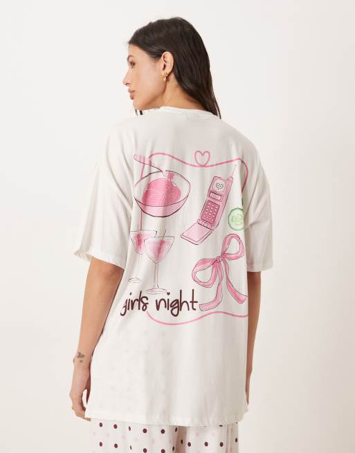 ASOS DESIGN Tall oversized tee and wide leg pants pajama set in girls night graphic prints