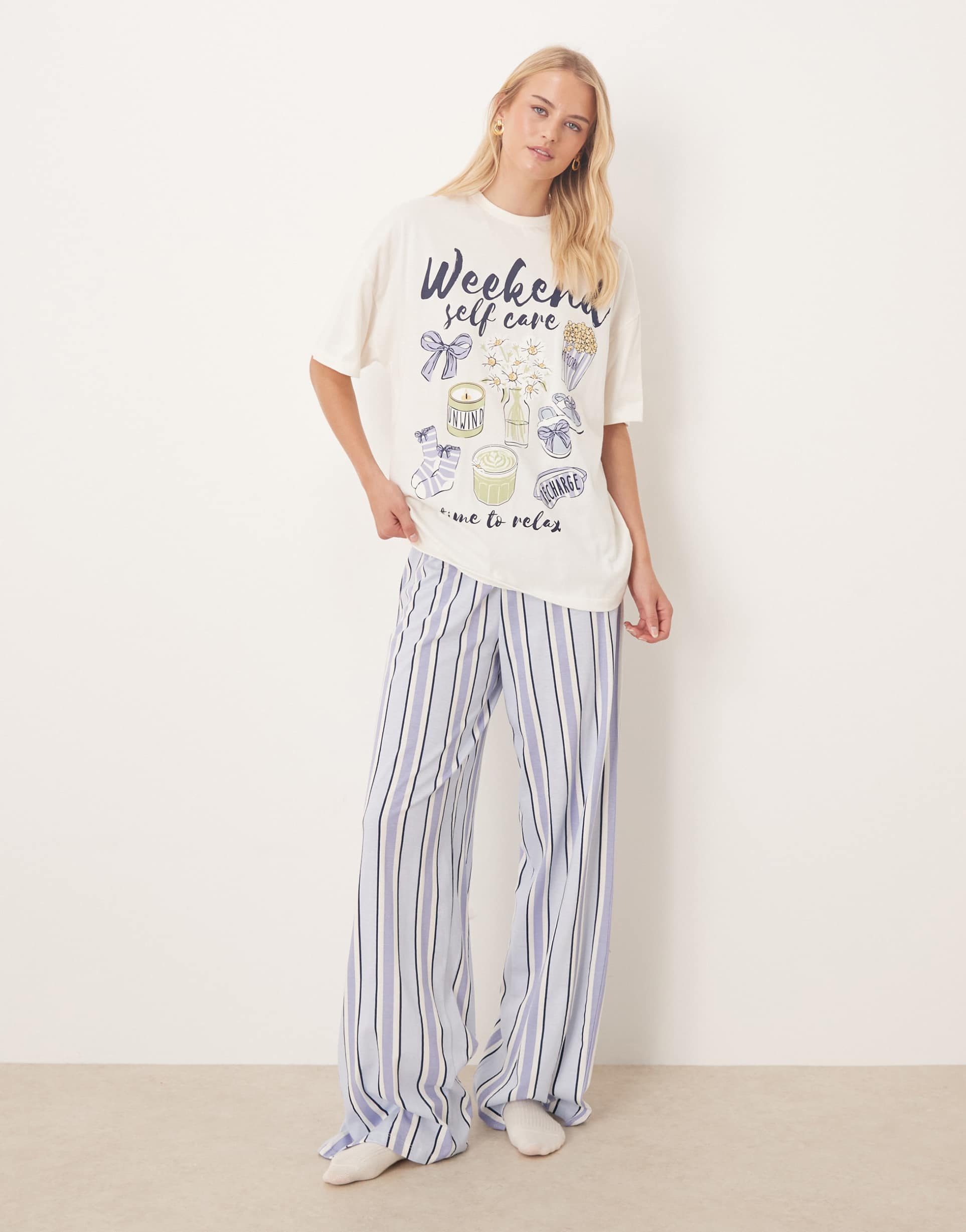 asos design tall oversized tee & wide leg pants pajama set with weekend self care graphic